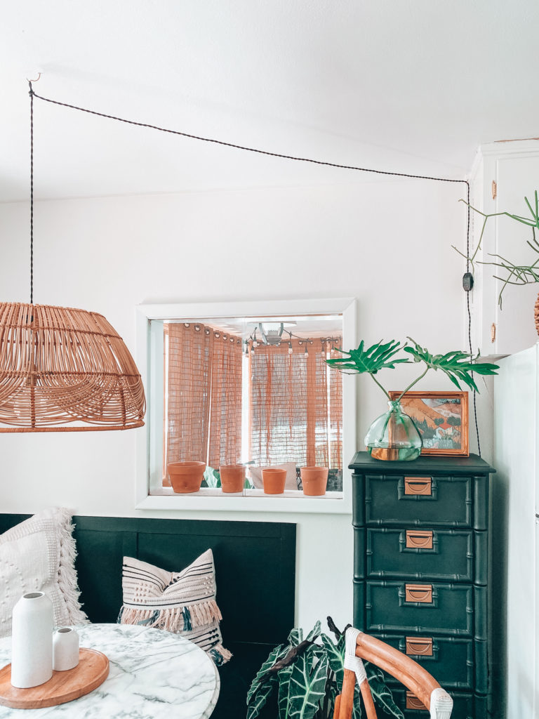 DIY Rattan Basket Pendant Light + Black Banquette