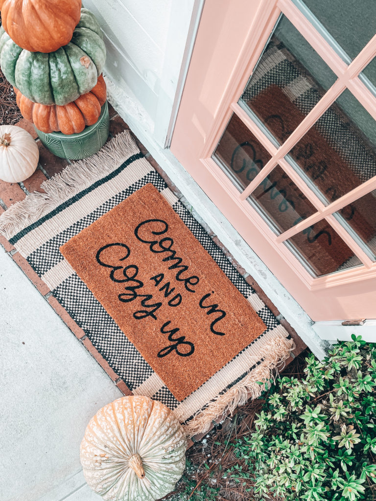 Fall Front Porch + Pink Paint on Front Door - The Blushing Bungalow