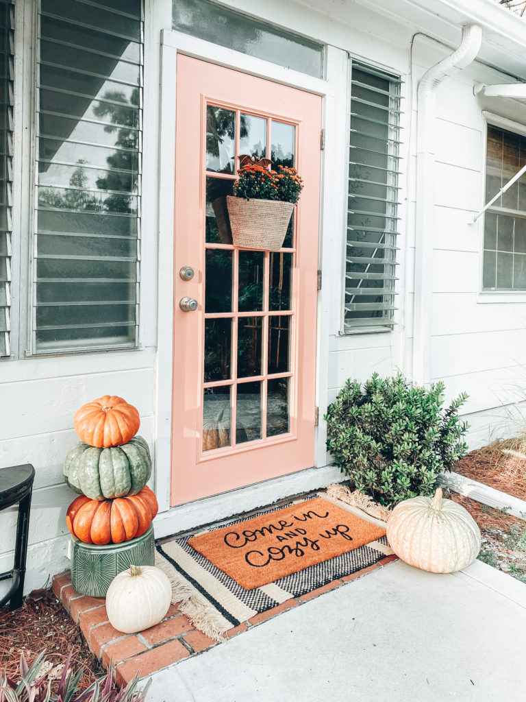 Fall Front Porch + Pink Paint on Front Door - The Blushing Bungalow