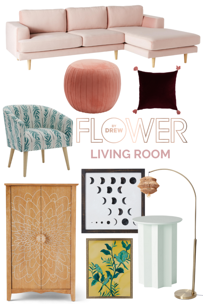 Flower home by drew barrymore living room design board