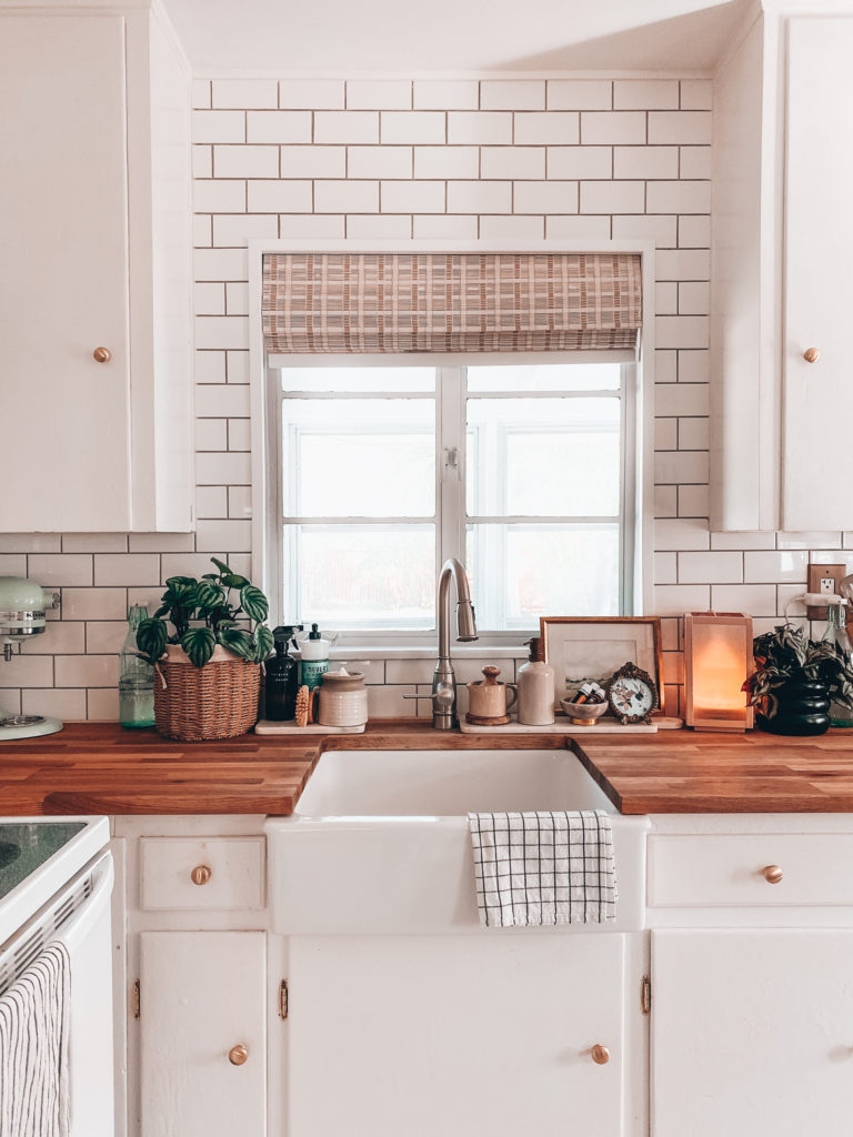 white bright warm kitchen with blucher block counters