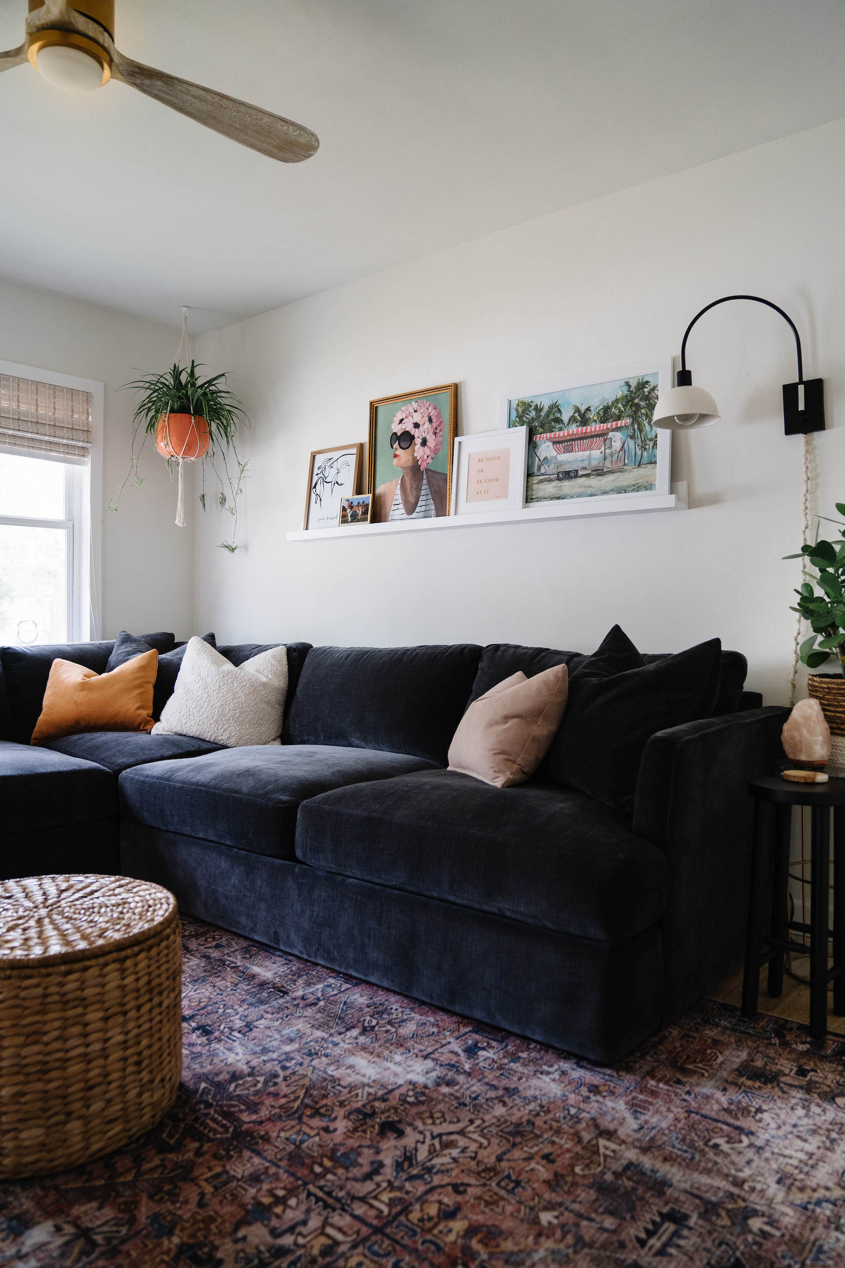Small Cozy Living Room with Black Sofa - Blushing Bungalow | So Cute ...