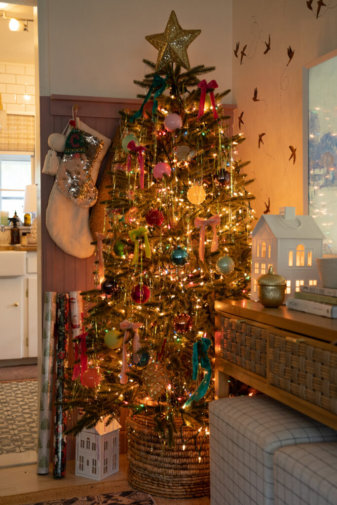 christmas tree with ornaments and tinsel