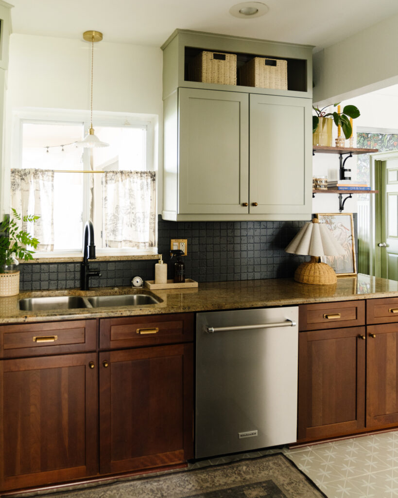 modern green and brown kitchen cabinets