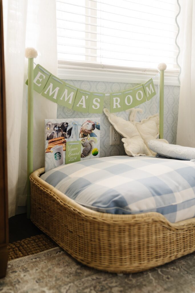 blue gingham dog bed with sign